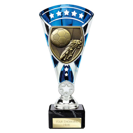 Blue Cobra Star Cup football boot and ball trophy with personalised engraving plate