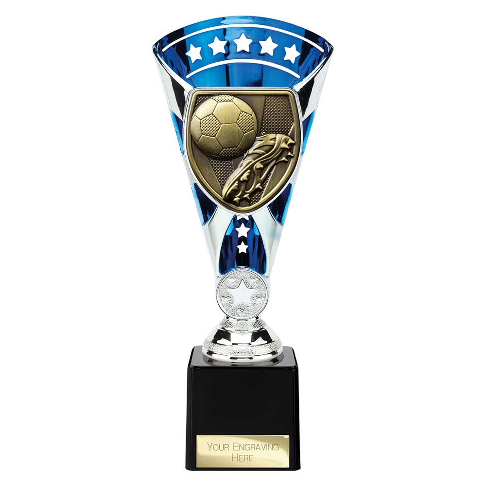 Blue Cobra Star Cup football boot and ball trophy with personalised engraving plate