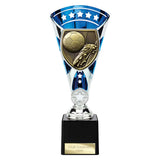 Blue Cobra Star Cup football boot and ball trophy with personalised engraving plate