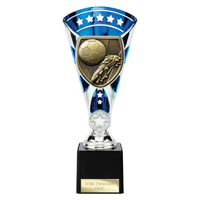 Blue Cobra Star Cup football boot and ball trophy with personalised engraving plate