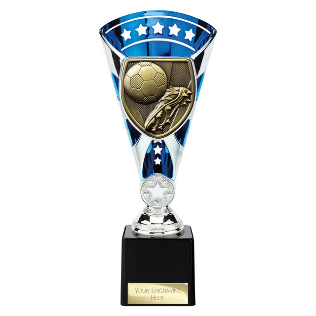 Blue Cobra Star Cup football boot and ball trophy with personalised engraving plate