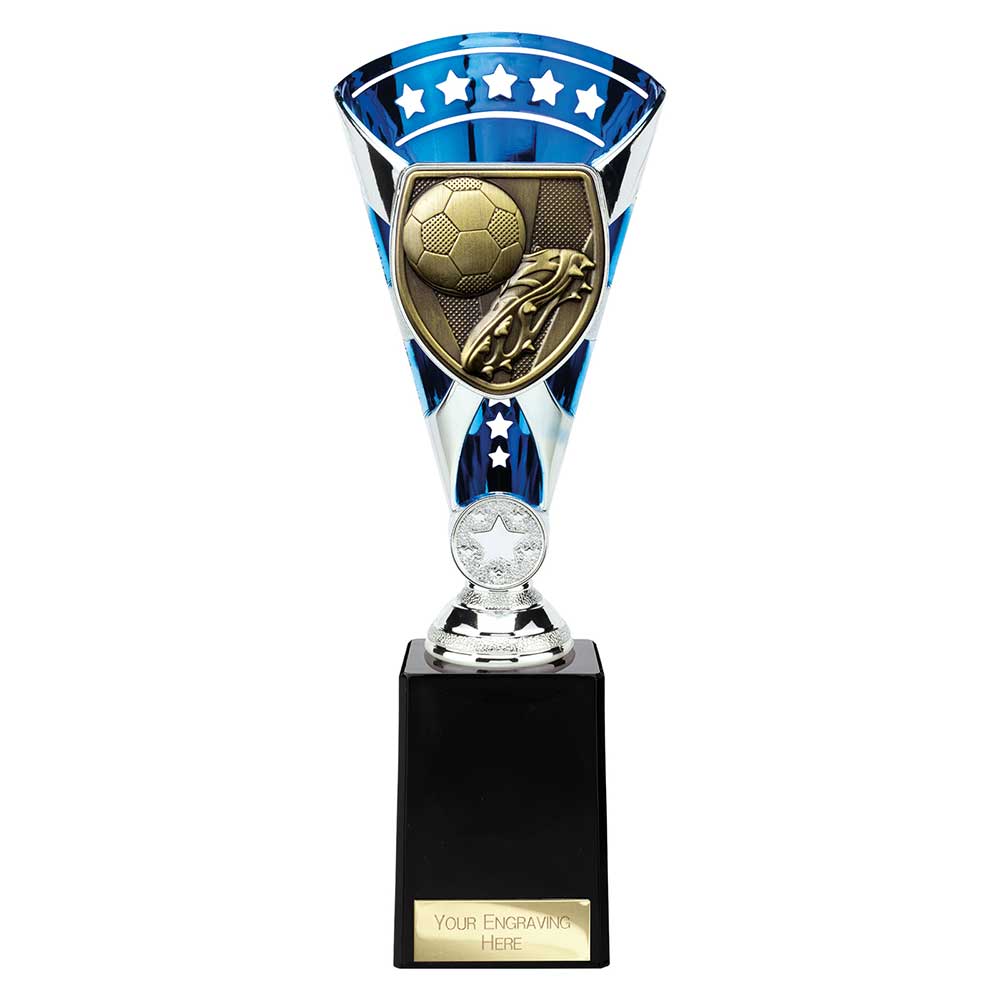 Blue Cobra Star Cup football boot and ball trophy with personalised engraving plate