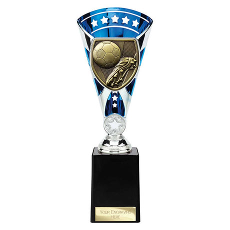 Blue Cobra Star Cup football boot and ball trophy with personalised engraving plate