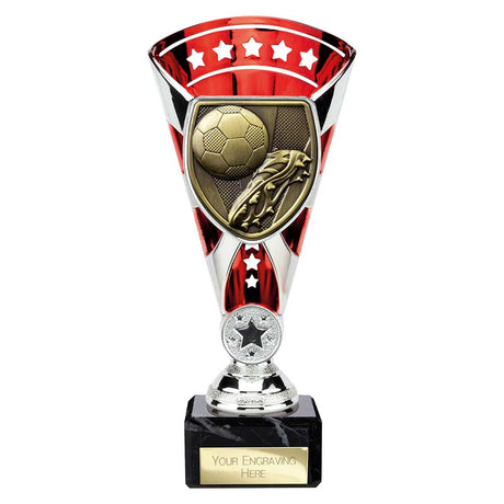 Red Cobra Star Cup football boot and ball trophy with personalised engraving plate