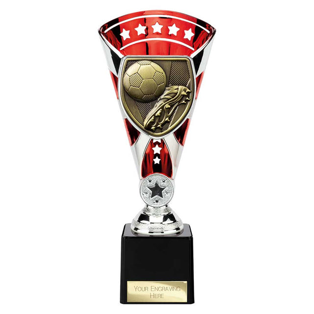 Red Cobra Star Cup football boot and ball trophy with personalised engraving plate
