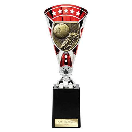 Red Cobra Star Cup football boot and ball trophy with personalised engraving plate