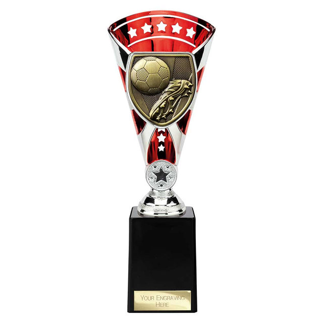 Red Cobra Star Cup football boot and ball trophy with personalised engraving plate