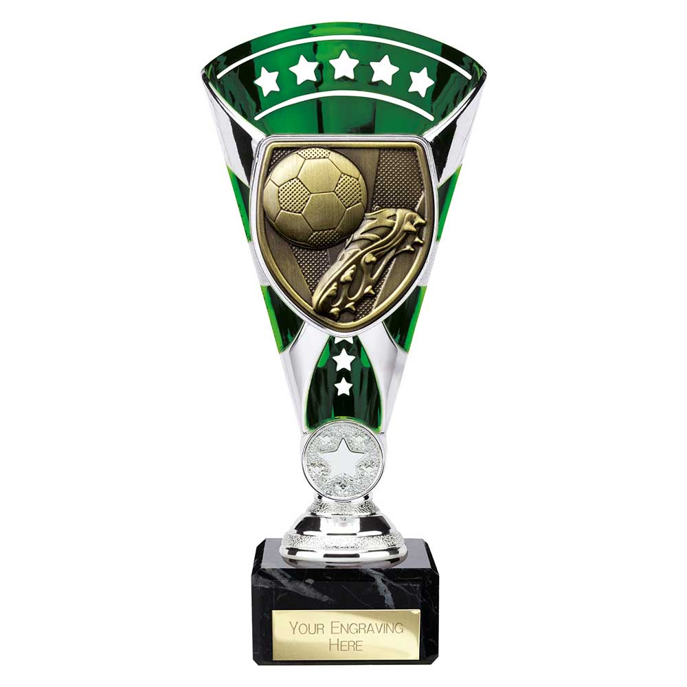 Green Cobra Star Cup football boot and ball trophy with personalised engraving plate