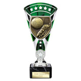 Green Cobra Star Cup football boot and ball trophy with personalised engraving plate