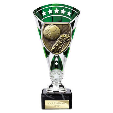 Green Cobra Star Cup football boot and ball trophy with personalised engraving plate