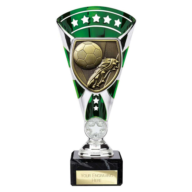 Green Cobra Star Cup football boot and ball trophy with personalised engraving plate