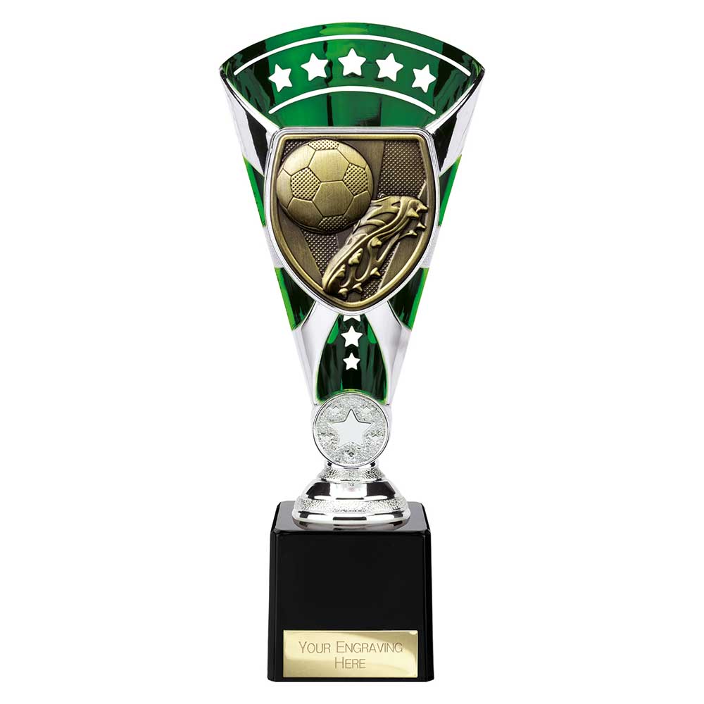 Green Cobra Star Cup football boot and ball trophy with personalised engraving plate