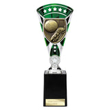 Green Cobra Star Cup football boot and ball trophy with personalised engraving plate