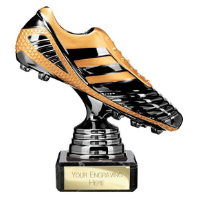 Black Viper Legend black and gold resin football boot trophy with personalised engraving plate