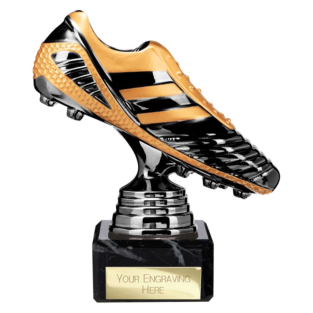 Black Viper Legend black and gold resin football boot trophy with personalised engraving plate