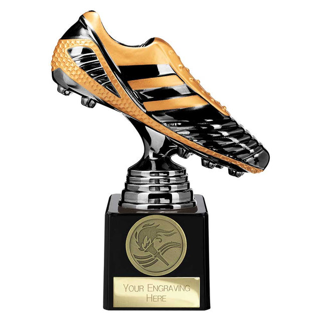Black Viper Legend black and gold resin football boot trophy with personalised engraving plate