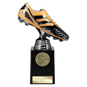 Black Viper Legend black and gold resin football boot trophy with personalised engraving plate