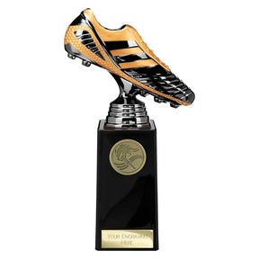 Black Viper Legend black and gold resin football boot trophy with personalised engraving plate