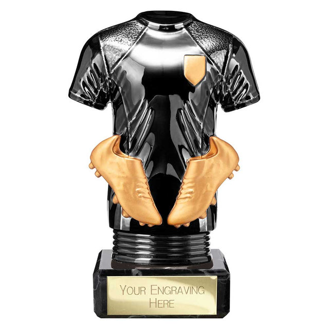 Black Viper Legend black and gold resin football strip trophy with personalised engraving plate