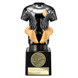 Black Viper Legend black and gold resin football strip trophy with personalised engraving plate