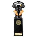 Black Viper Legend black and gold resin football strip trophy with personalised engraving plate