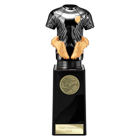 Black Viper Legend black and gold resin football strip trophy with personalised engraving plate