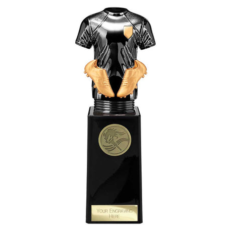 Black Viper Legend black and gold resin football strip trophy with personalised engraving plate