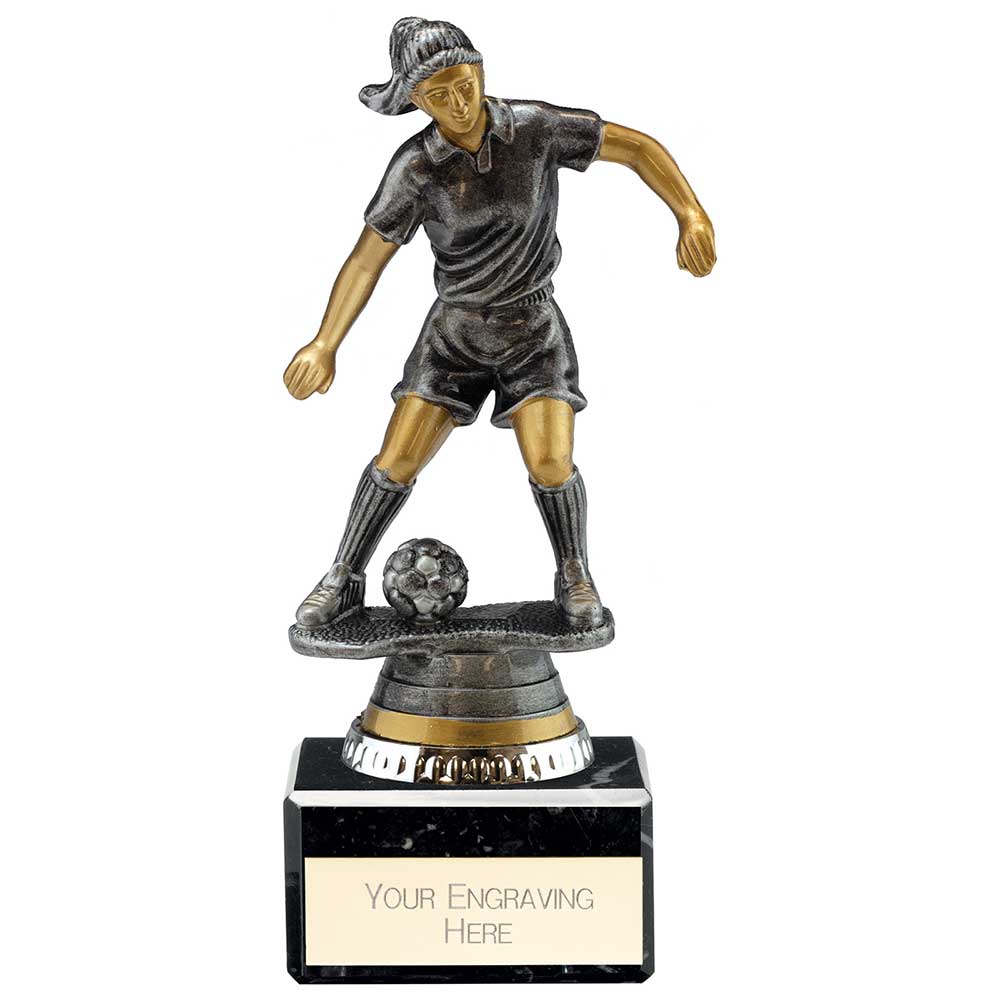 Female Football Figure Trophy with antique silver and gold finish and FREE personalised engraving.