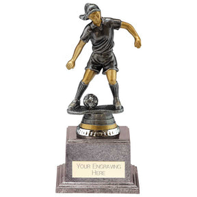Female Football Figure Trophy with antique silver and gold finish and FREE personalised engraving.