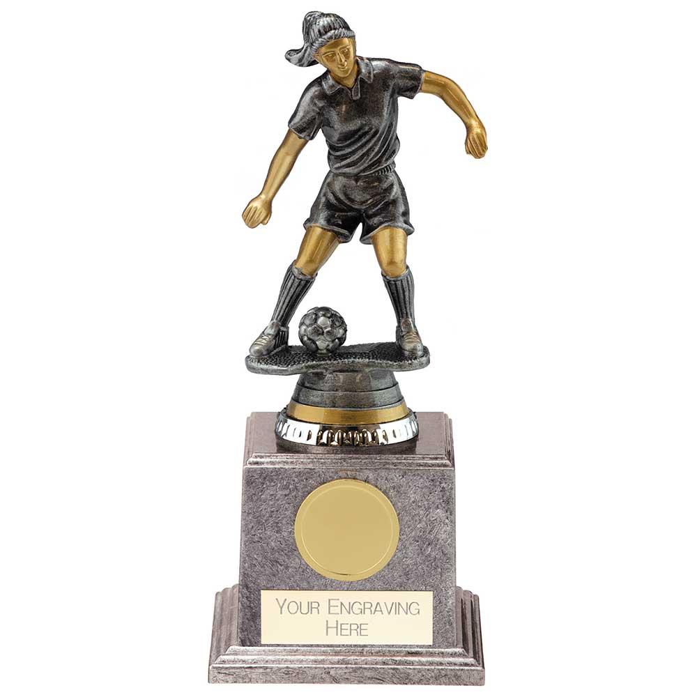 Female Football Figure Trophy with 25mm centre, antique silver and gold finish and FREE personalised engraving.