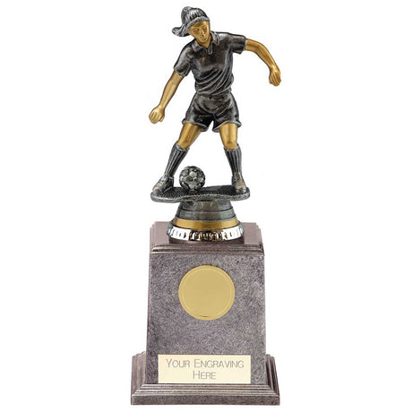 Female Football Figure Trophy with 25mm centre, antique silver and gold finish and FREE personalised engraving.