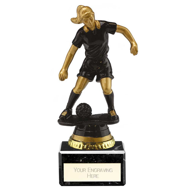 Cyclone Female Football Resin Trophy in black and gold with FREE personalised engraving and gold football centre insert.