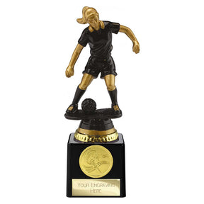 Cyclone Female Football Resin Trophy in black and gold with FREE personalised engraving and gold football centre insert.