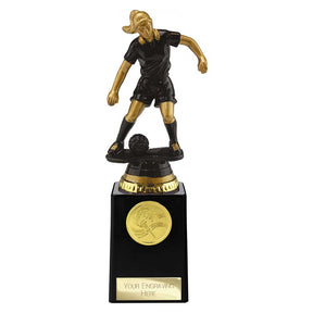 Cyclone Female Football Resin Trophy in black and gold with FREE personalised engraving and gold football centre insert.
