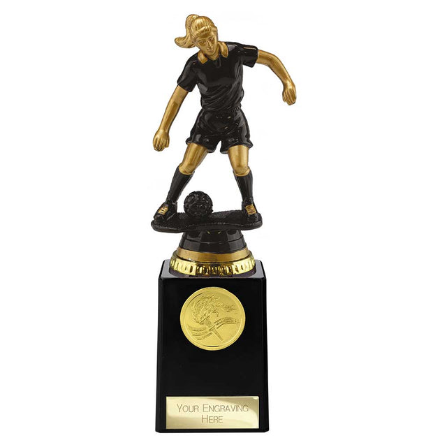Cyclone Female Football Resin Trophy in black and gold with FREE personalised engraving and gold football centre insert.