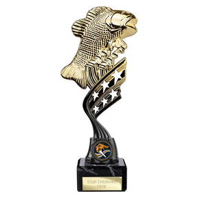 Economy plastic fishing trophy with gold fish design and free personalised engraving