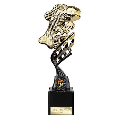 Economy plastic fishing trophy with gold fish design and free personalised engraving