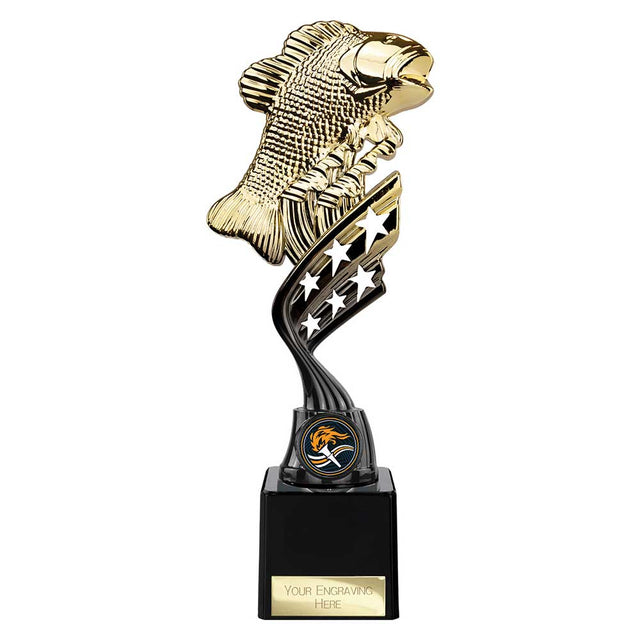 Economy plastic fishing trophy with gold fish design and free personalised engraving