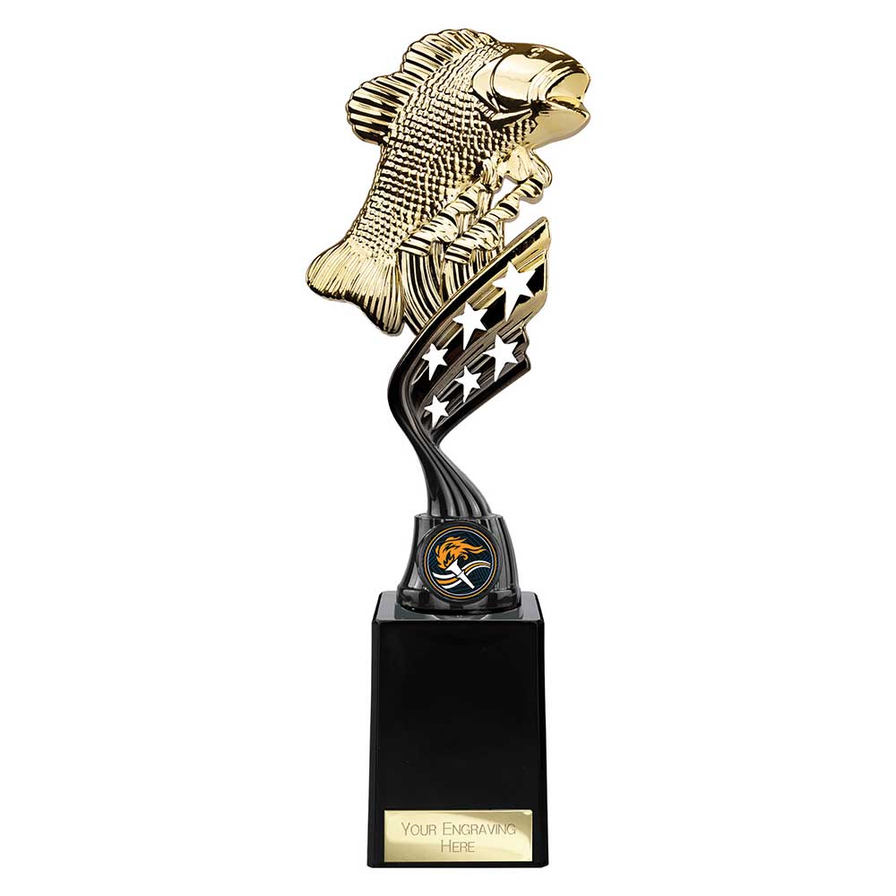 Economy plastic fishing trophy with gold fish design and free personalised engraving