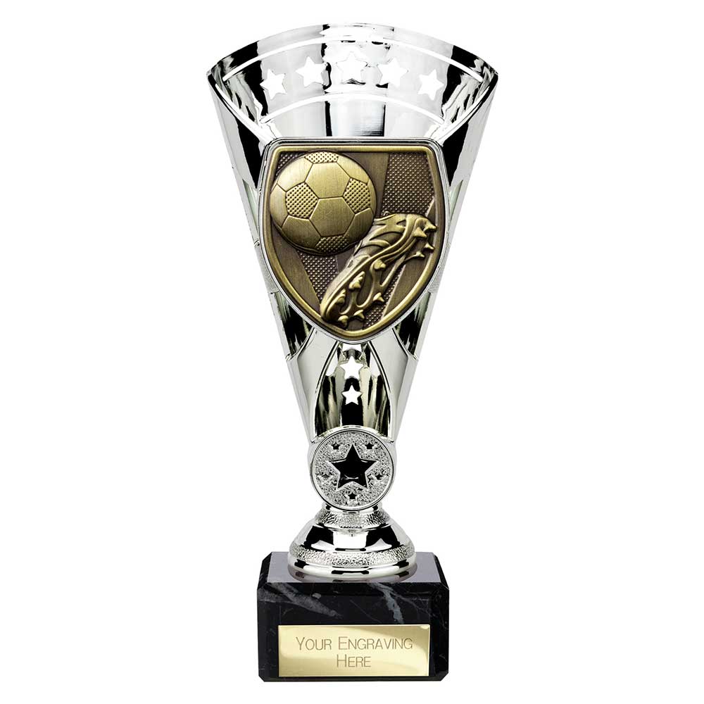 Cobra Star Cup silver football boot and ball trophy with personalised engraving plate