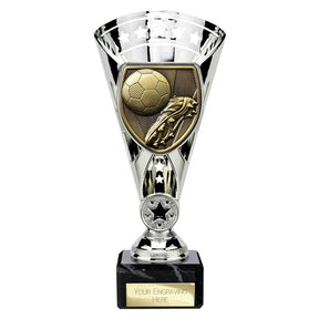 Cobra Star Cup silver football boot and ball trophy with personalised engraving plate