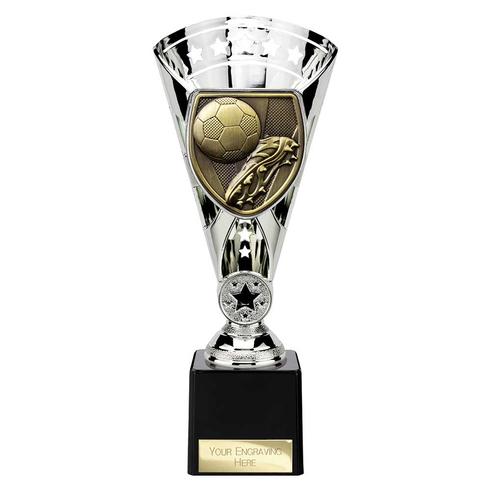 Cobra Star Cup silver football boot and ball trophy with personalised engraving plate