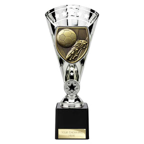 Cobra Star Cup silver football boot and ball trophy with personalised engraving plate