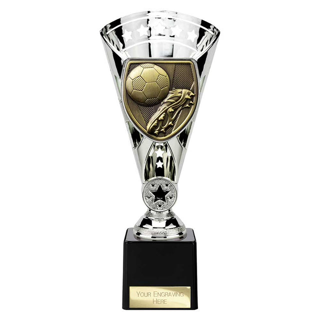 Cobra Star Cup silver football boot and ball trophy with personalised engraving plate