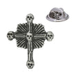 Antique silver pewter skull and bones cross lapel pin with five skulls; rear pin fastening shown