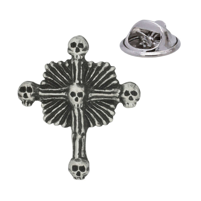 Antique silver pewter skull and bones cross lapel pin with five skulls; rear pin fastening shown