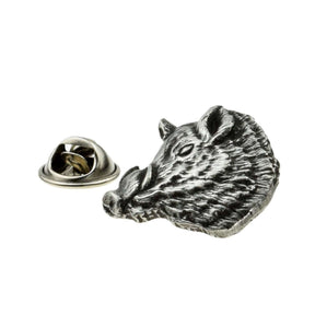 Boar's head pewter lapel pin badge showing textured fur, tusks and rear clasp fastening