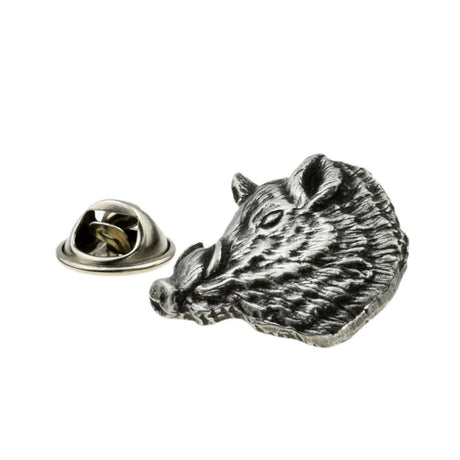 Boar's head pewter lapel pin badge showing textured fur, tusks and rear clasp fastening