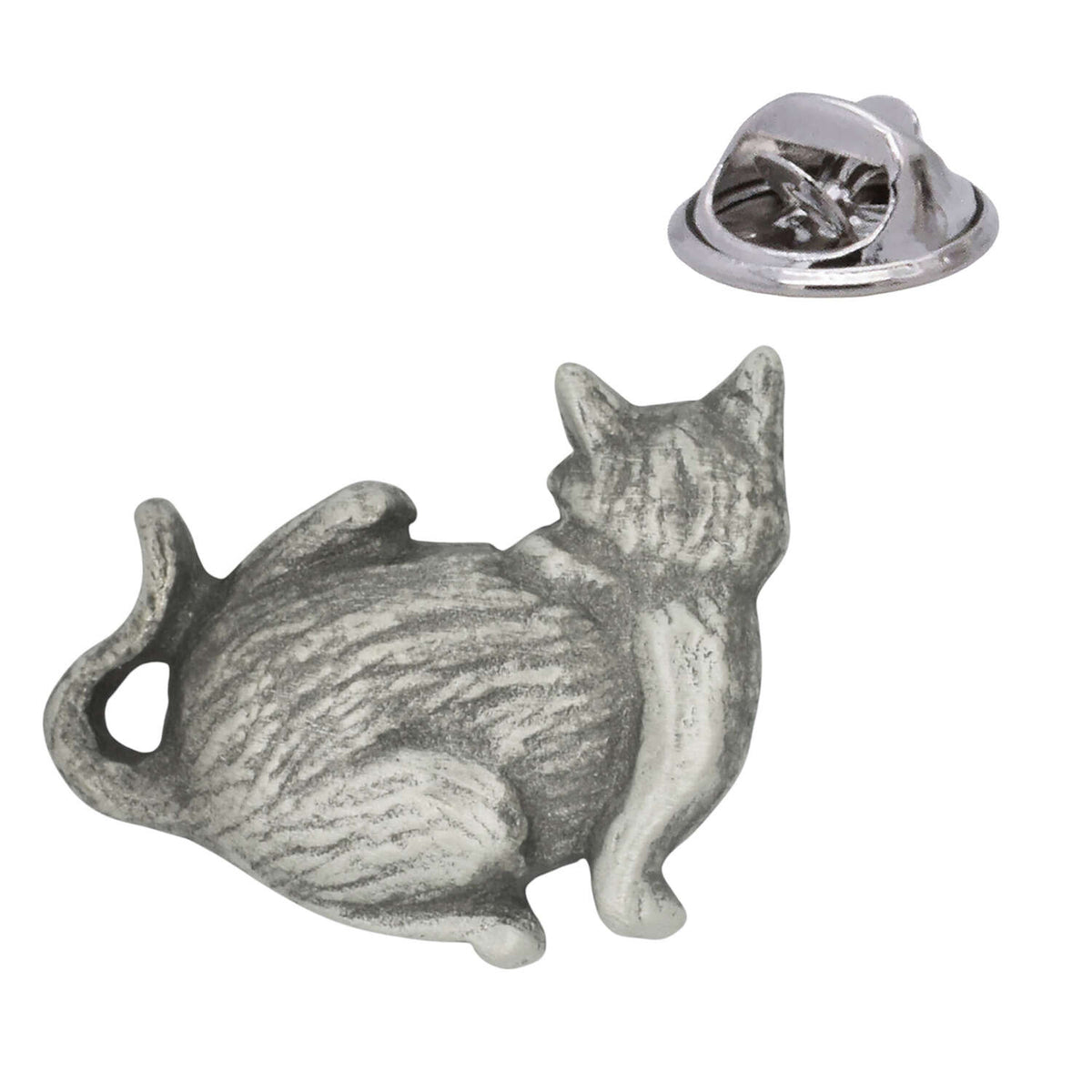 Antique silver pewter seated tabby cat lapel pin badge with curled tail, showing rear clasp