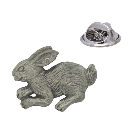 Running bunny rabbit antique silver pewter lapel pin with long ears, textured fur and rear clasp